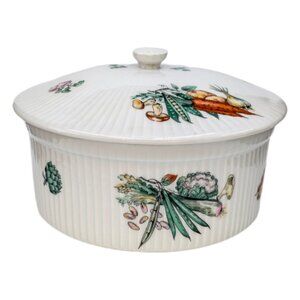 Vtg Apilco France Ribbed Porcelain Covered Casserole Dish Round Vegetable Print